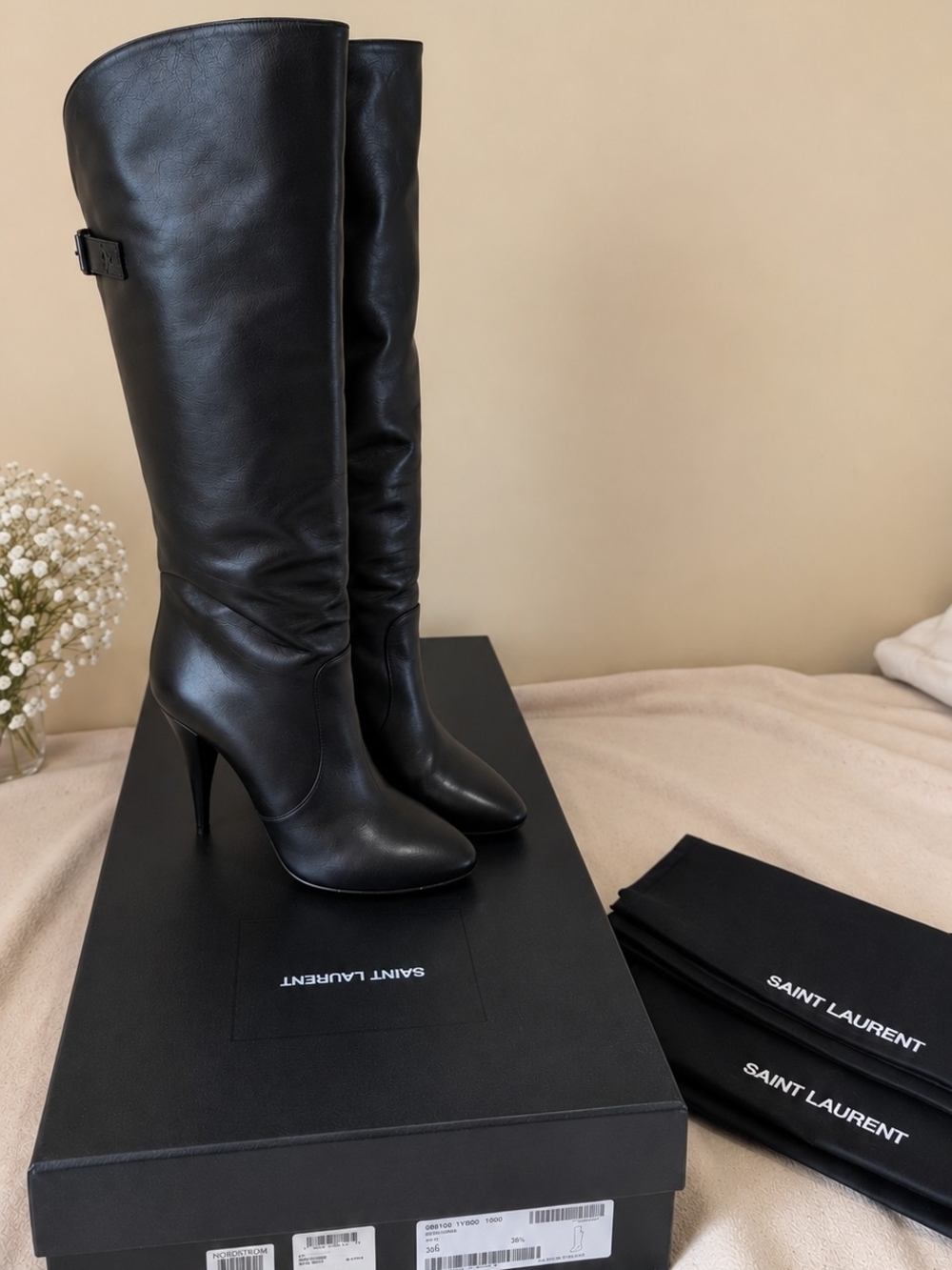Saint Laurent Black Leather Knee-High Stiletto Boots with Buckle